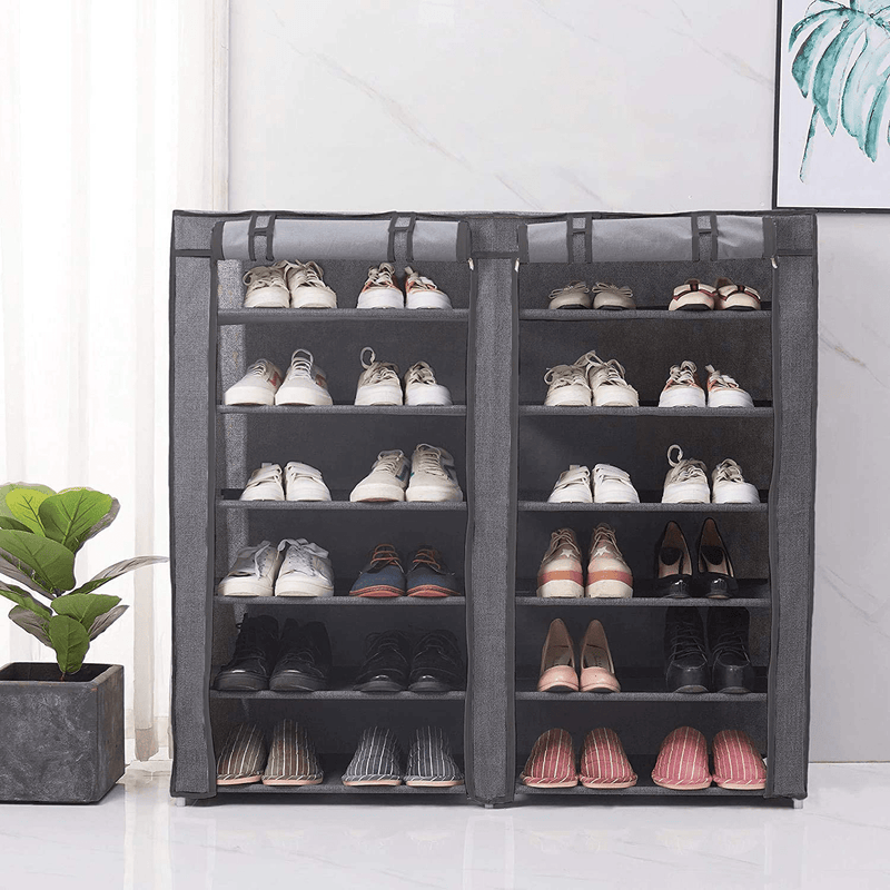 Blissun 7 Tier Shoe Rack Storage Organizer, 36 Pairs Portable Double Row Shoe Rack Shelf Cabinet Tower for Closet with Nonwoven Fabric Cover, Brown Furniture > Cabinets & Storage > Armoires & Wardrobes Blissun Light Grey  