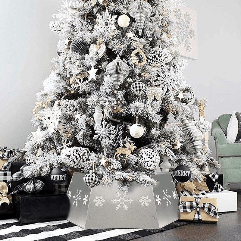Blissun Metal Christmas Tree Ring, Christmas Tree Collar with Printed Snowflake, Willow Tree Skirt Base Stand for Christmas Tree Decorations (Silver)