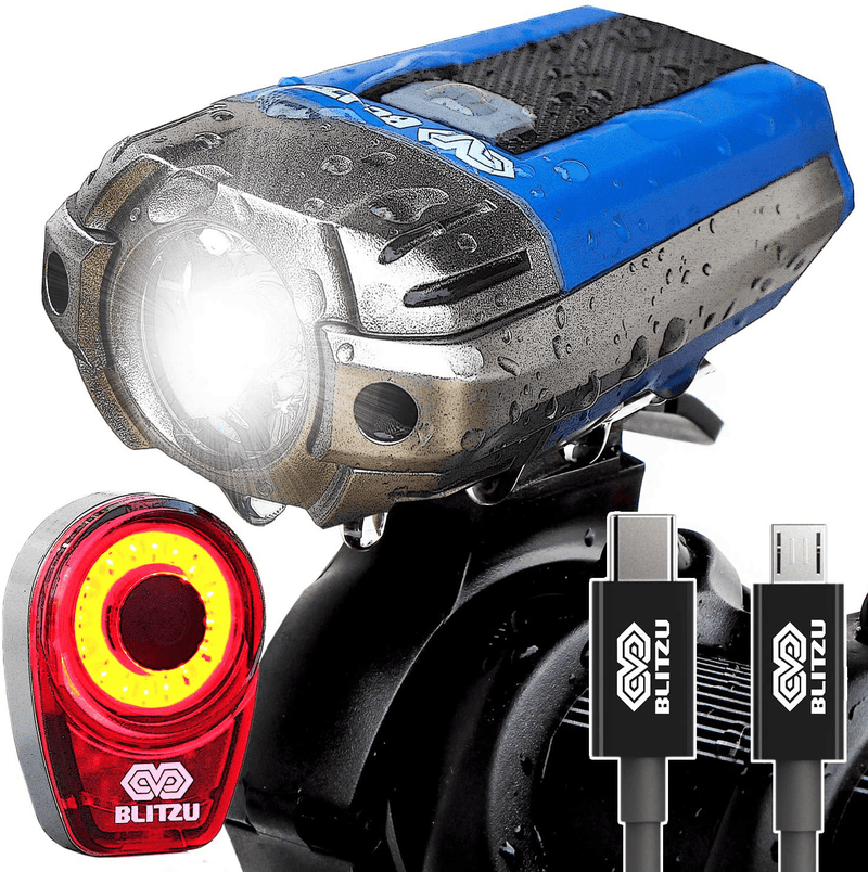 BLITZU Gator 390 USB Rechargeable LED Bike Light Set, Bicycle Headlight Front Light & Free Rear Back Tail Light. Waterproof, Easy to Install for Kids Men Women Road Cycling Safety Commuter Flashlight Sporting Goods > Outdoor Recreation > Cycling > Bicycle Parts BLITZU Blue  