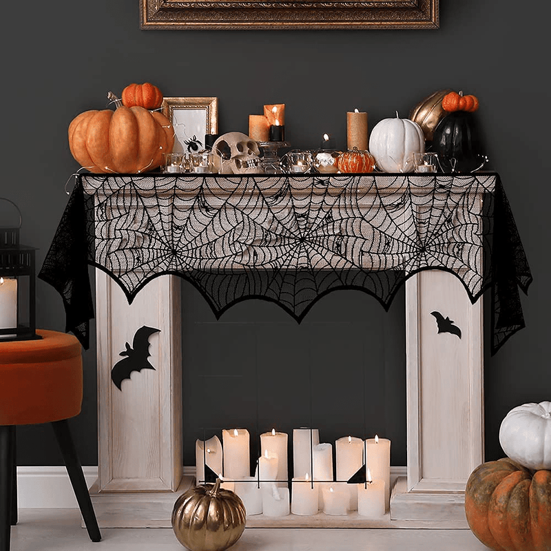Blivalley 5 Pack Halloween Decorations Sets Indoor Halloween Spider Fireplace Mantel Scarf & Round Table Cover & Lace Table Runner & Cobweb Lampshade Halloween Decor with 60 pcs Scary 3D Bat Arts & Entertainment > Party & Celebration > Party Supplies Blivalley   