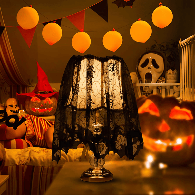 Blivalley 5 Pack Halloween Decorations Sets Indoor Halloween Spider Fireplace Mantel Scarf & Round Table Cover & Lace Table Runner & Cobweb Lampshade Halloween Decor with 60 pcs Scary 3D Bat