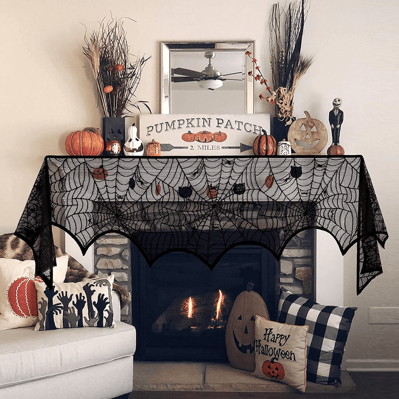 Blivalley 5 Pack Halloween Decorations Sets Indoor Halloween Spider Fireplace Mantel Scarf & Round Table Cover & Lace Table Runner & Cobweb Lampshade Halloween Decor with 60 pcs Scary 3D Bat