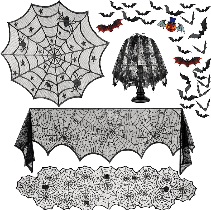 Blivalley 5 Pack Halloween Decorations Sets Indoor Halloween Spider Fireplace Mantel Scarf & Round Table Cover & Lace Table Runner & Cobweb Lampshade Halloween Decor with 60 pcs Scary 3D Bat Arts & Entertainment > Party & Celebration > Party Supplies Blivalley Baby Blue 1.57" 