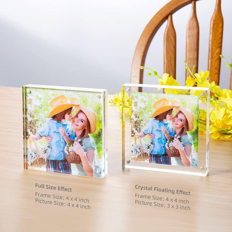 Bloberey Acrylic Picture Frame , Clear Freestanding Double Sided 20Mm Thickness Frameless Magnetic Photo Frames Desktop Display with Gift Box Package (4X4 2Pack)