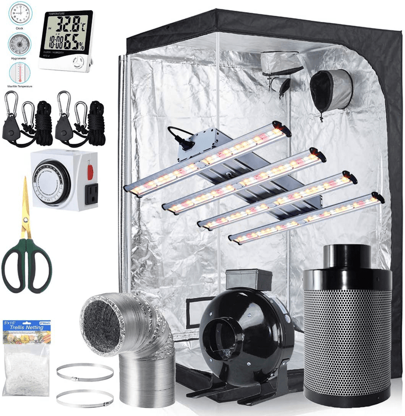 Bloomgrow 1200W LED Full Spectrum Professional Grow Light Strips + 32''X32''X63'' 600D Mylar Grow Tent Room + 4'' Inline Fan Air Carbon Filter Ventilation System Indoor Plan T Grow Tent Complete Kit Sporting Goods > Outdoor Recreation > Camping & Hiking > Tent Accessories BloomGrow 48''x48''x80'' Kit  