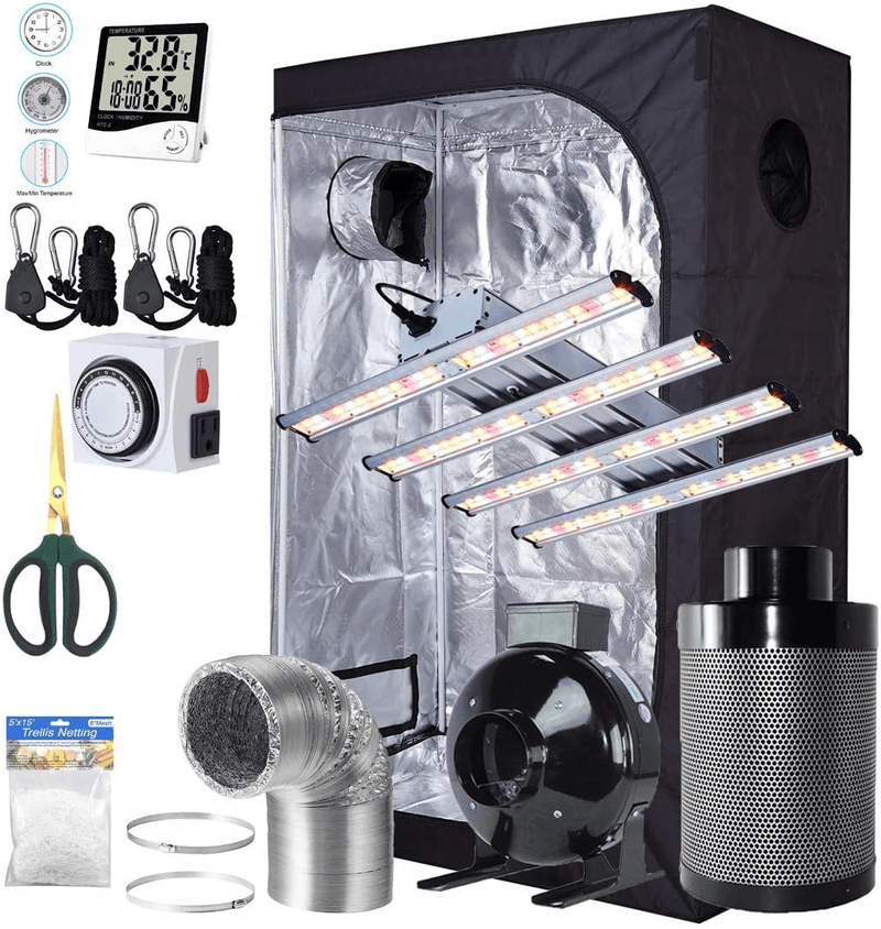 Bloomgrow 1200W LED Full Spectrum Professional Grow Light Strips + 32''X32''X63'' 600D Mylar Grow Tent Room + 4'' Inline Fan Air Carbon Filter Ventilation System Indoor Plan T Grow Tent Complete Kit Sporting Goods > Outdoor Recreation > Camping & Hiking > Tent Accessories BloomGrow 36''x36''x72'' Kit  