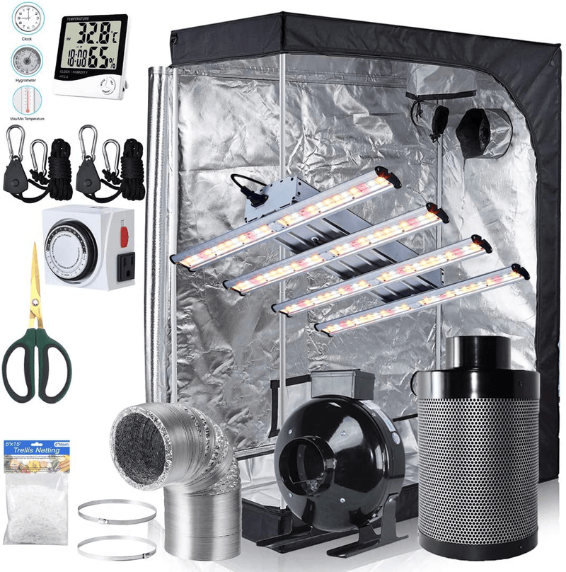 Bloomgrow 1200W LED Full Spectrum Professional Grow Light Strips + 32''X32''X63'' 600D Mylar Grow Tent Room + 4'' Inline Fan Air Carbon Filter Ventilation System Indoor Plan T Grow Tent Complete Kit