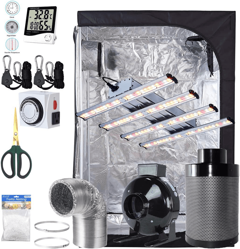 Bloomgrow 1200W LED Full Spectrum Professional Grow Light Strips + 32''X32''X63'' 600D Mylar Grow Tent Room + 4'' Inline Fan Air Carbon Filter Ventilation System Indoor Plan T Grow Tent Complete Kit Sporting Goods > Outdoor Recreation > Camping & Hiking > Tent Accessories BloomGrow 48''x24''x72'' Kit  