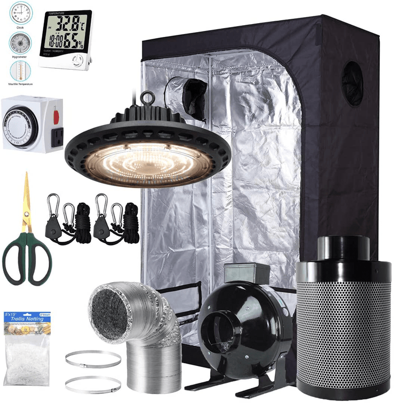 Bloomgrow 300W Full Spectrum UFO LED Light + 32''X32''X63'' Grow Tent + 4'' Inline Fan Filter Duct Combo + Hangers + Hygrometer + Shears + 24-Hour Timer + Trellis Netting Indoor Grow Tent Complete Kit Sporting Goods > Outdoor Recreation > Camping & Hiking > Tent Accessories BloomGrow 36''x20''x63'' Kit  