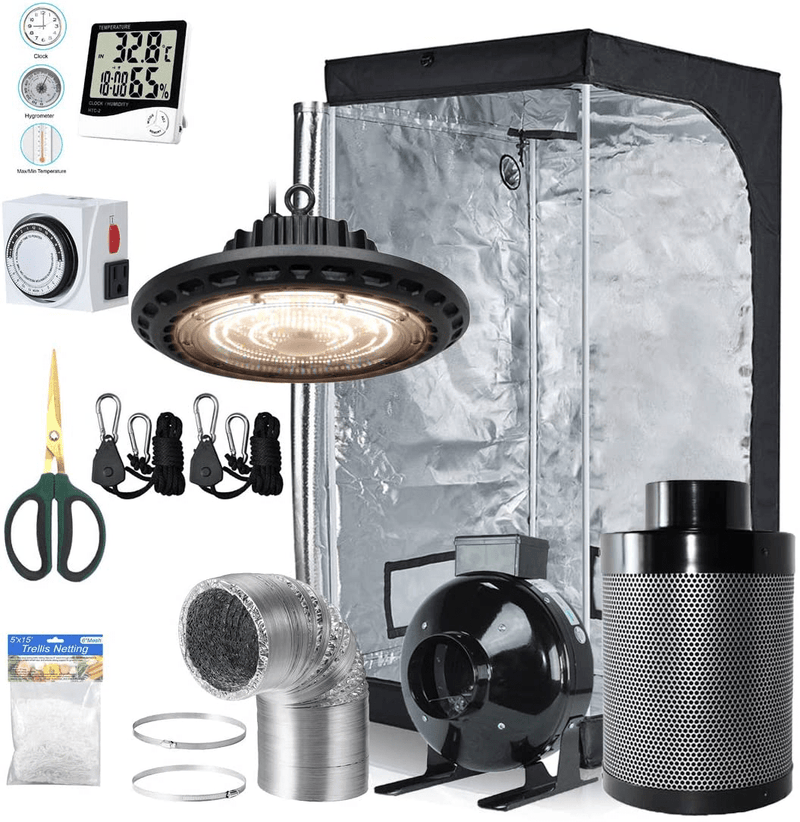 Bloomgrow 300W Full Spectrum UFO LED Light + 32''X32''X63'' Grow Tent + 4'' Inline Fan Filter Duct Combo + Hangers + Hygrometer + Shears + 24-Hour Timer + Trellis Netting Indoor Grow Tent Complete Kit Sporting Goods > Outdoor Recreation > Camping & Hiking > Tent Accessories BloomGrow 32''x32''x63'' Kit  
