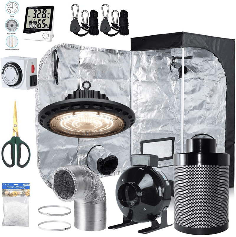 Bloomgrow 300W Full Spectrum UFO LED Light + 32''X32''X63'' Grow Tent + 4'' Inline Fan Filter Duct Combo + Hangers + Hygrometer + Shears + 24-Hour Timer + Trellis Netting Indoor Grow Tent Complete Kit Sporting Goods > Outdoor Recreation > Camping & Hiking > Tent Accessories BloomGrow 24''x24''x48'' Kit  