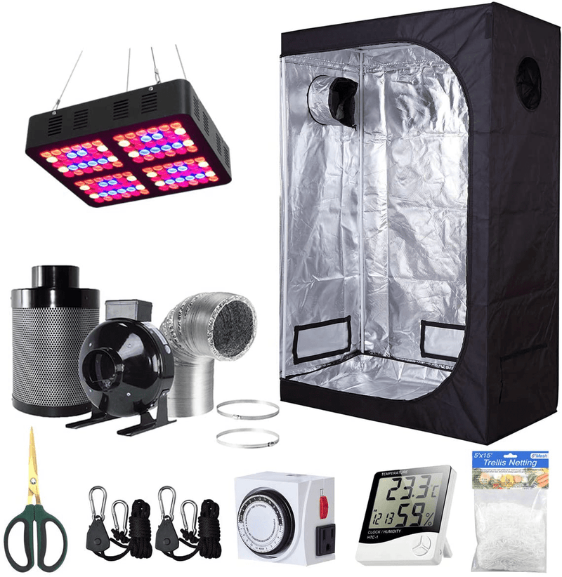Bloomgrow 32''X32''X63'' Grow Tent + 4'' Fan Filter Duct Combo + 600W LED Light + Hangers + Hygrometer + Shears + 24 Hour Timer + Trellis Netting Indoor Grow Tent Complete Kit