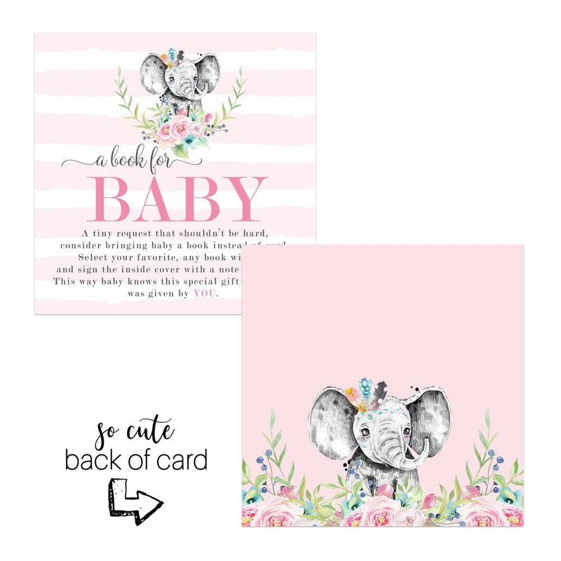 Blooming Elephant Bring a Book for Girls Baby Shower Invitation Insert Cards 25 Pack Raffle Game Ideas Pink Rustic Flower Event Theme Supply Printed Paper Clever Party (4X4 Size) Arts & Entertainment > Party & Celebration > Party Supplies Paper Clever Party   