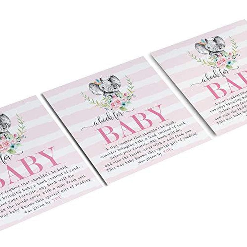 Blooming Elephant Bring a Book for Girls Baby Shower Invitation Insert Cards 25 Pack Raffle Game Ideas Pink Rustic Flower Event Theme Supply Printed Paper Clever Party (4X4 Size)