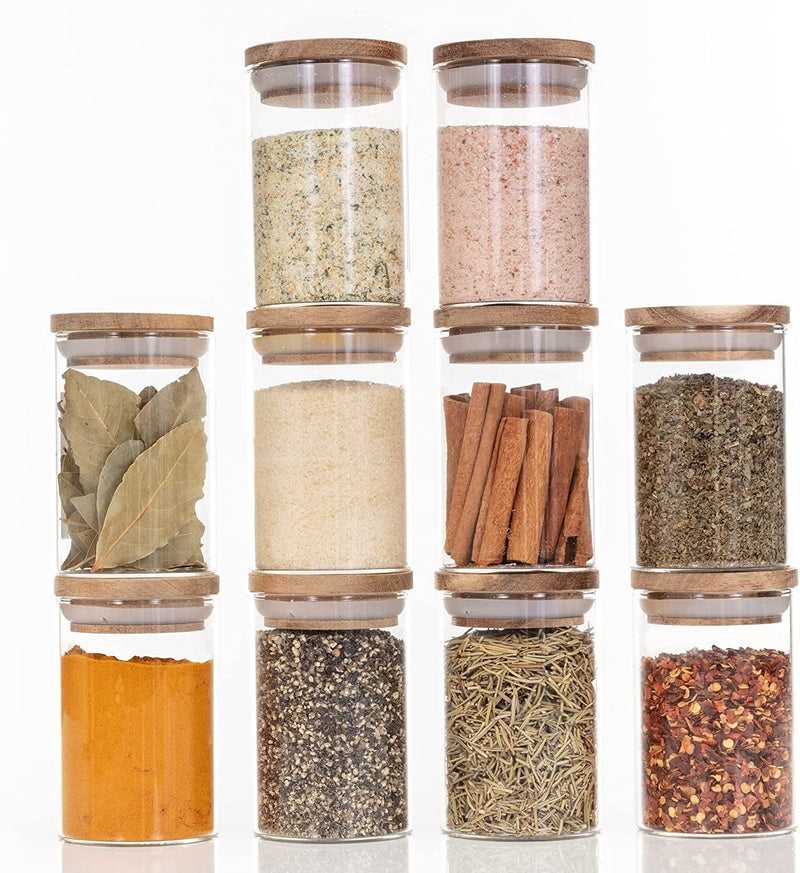 Bloomondo Empty Spice Jars with Label Pack (10X Acacia Bamboo Lid Glass Jar). Small 6Oz Spice Storage Bottles with 112 Printed Spice Labels Stickers and 48 Writable Pantry Labels for Seasoning Containers Home & Garden > Decor > Decorative Jars Bloomondo   