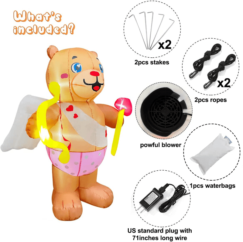 BLOWOUT FUN 5Ft Inflatable Valentine Angel Bear Decoration, LED Blow up Lighted Decor Indoor Outdoor Holiday Art Decor Decorations Clearance