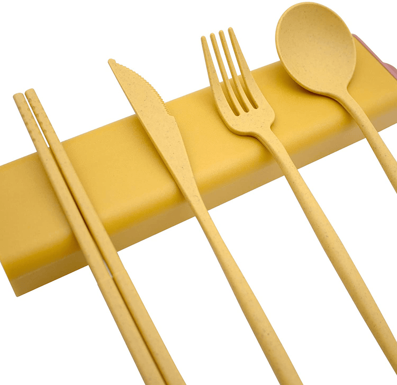 BLUE TOP Portable Cutlery Set Wheat grass Dinnerware 2 Set Utensils Includes Knife Fork Spoon Chopsticks Pull-Out Design Non-Toxic BPA Free Cutlery for Travel Picnic Camping or Office Daily Use Home & Garden > Kitchen & Dining > Tableware > Flatware > Flatware Sets BLUE TOP Yellow  