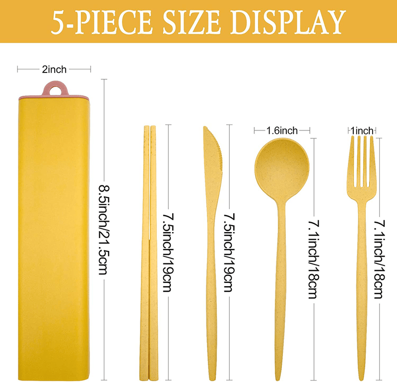 BLUE TOP Portable Cutlery Set Wheat grass Dinnerware 2 Set Utensils Includes Knife Fork Spoon Chopsticks Pull-Out Design Non-Toxic BPA Free Cutlery for Travel Picnic Camping or Office Daily Use