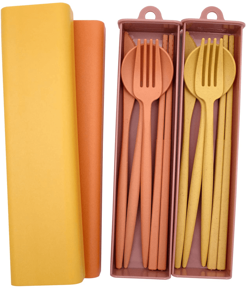 BLUE TOP Portable Cutlery Set Wheat grass Dinnerware 2 Set Utensils Includes Knife Fork Spoon Chopsticks Pull-Out Design Non-Toxic BPA Free Cutlery for Travel Picnic Camping or Office Daily Use Home & Garden > Kitchen & Dining > Tableware > Flatware > Flatware Sets BLUE TOP Yellow+orange  