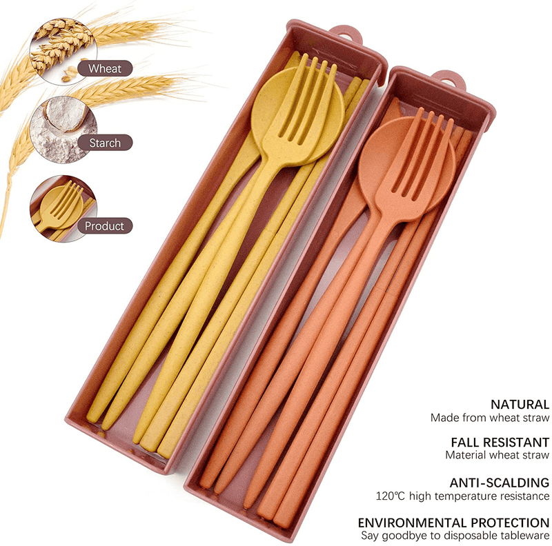 BLUE TOP Portable Cutlery Set Wheat grass Dinnerware 2 Set Utensils Includes Knife Fork Spoon Chopsticks Pull-Out Design Non-Toxic BPA Free Cutlery for Travel Picnic Camping or Office Daily Use Home & Garden > Kitchen & Dining > Tableware > Flatware > Flatware Sets BLUE TOP   