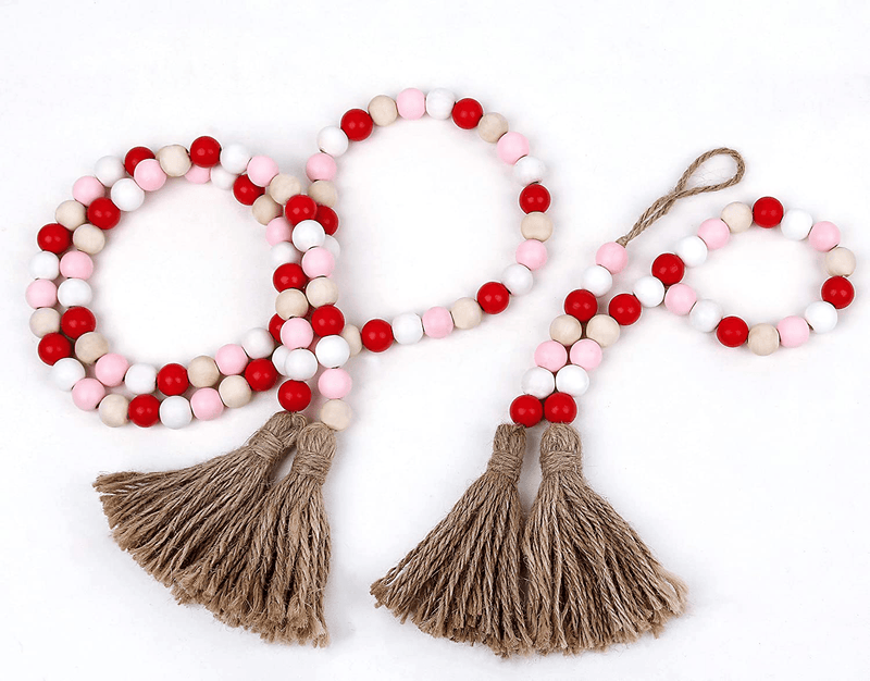 Bluemake 3 Pack Valentine'S Day Wood Bead Garland with Tassel,Rustic Wooden Bead Decor Farmhouse Beads Big Wall Hanging Decor (Pink) Home & Garden > Decor > Seasonal & Holiday Decorations BlueMake   