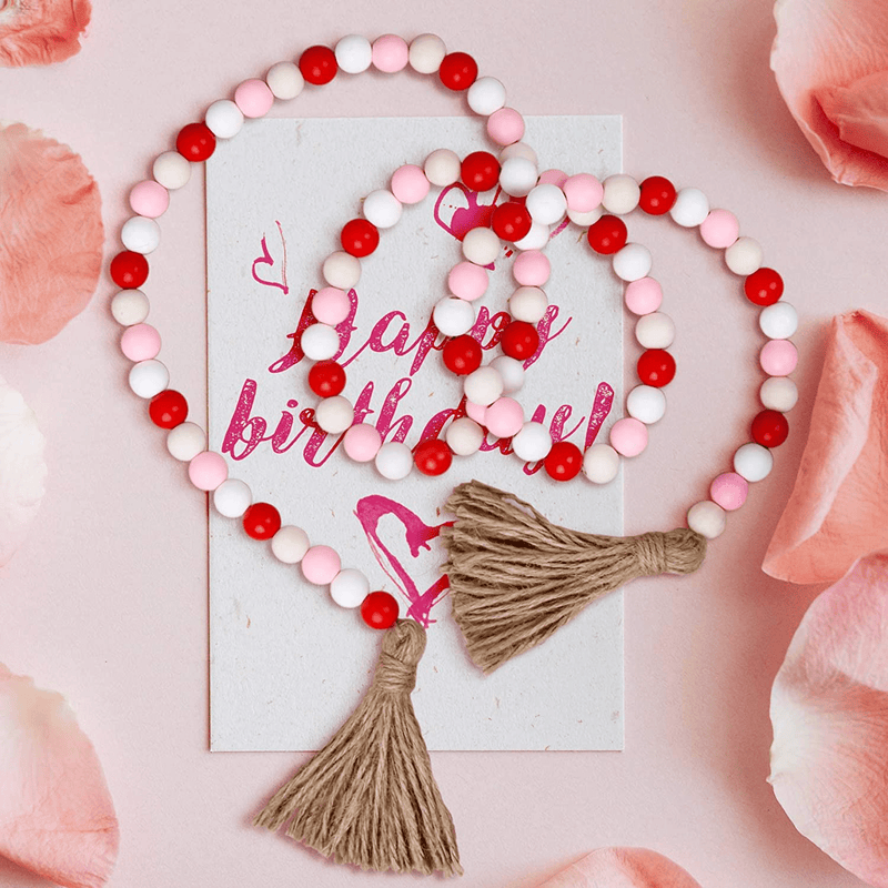 Bluemake 3 Pack Valentine'S Day Wood Bead Garland with Tassel,Rustic Wooden Bead Decor Farmhouse Beads Big Wall Hanging Decor (Pink) Home & Garden > Decor > Seasonal & Holiday Decorations BlueMake   
