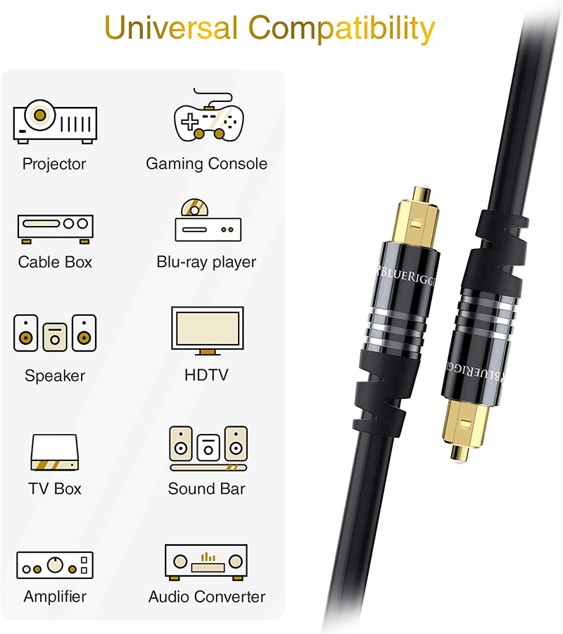 BlueRigger Digital Optical Audio Toslink Cable (3FT, Fiber Optic Cord, 24K Gold-Plated) - Compatible with Home Theatre, Sound Bar, TV, Xbox, Playstation PS5, PS4 – Premium Series Electronics > Electronics Accessories > Cables BlueRigger   