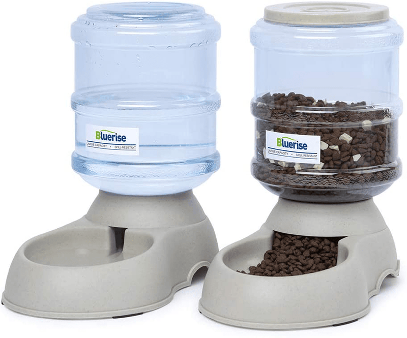 BLUERISE Automatic Dog Feeder Travel Supply cat Food Feeder and Water Dispenser Set 1 Gal x 2 Water Gravity pet Dog Water Fountain