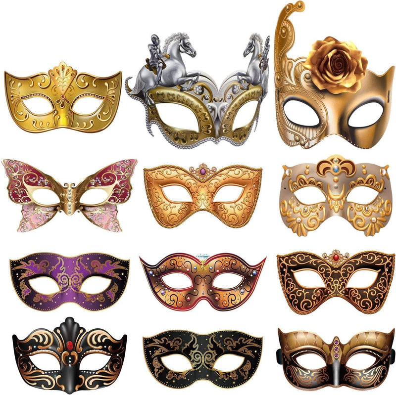 Blulu 12 Pcs Mardi Gras Masquerade Mask Paper Masquerade Masks Carnival Prom Venetian Masks Half Retro Masquerade Mask Mardi Gras Christmas Costume Fancy Dress Party Supplies(Stylish Style)