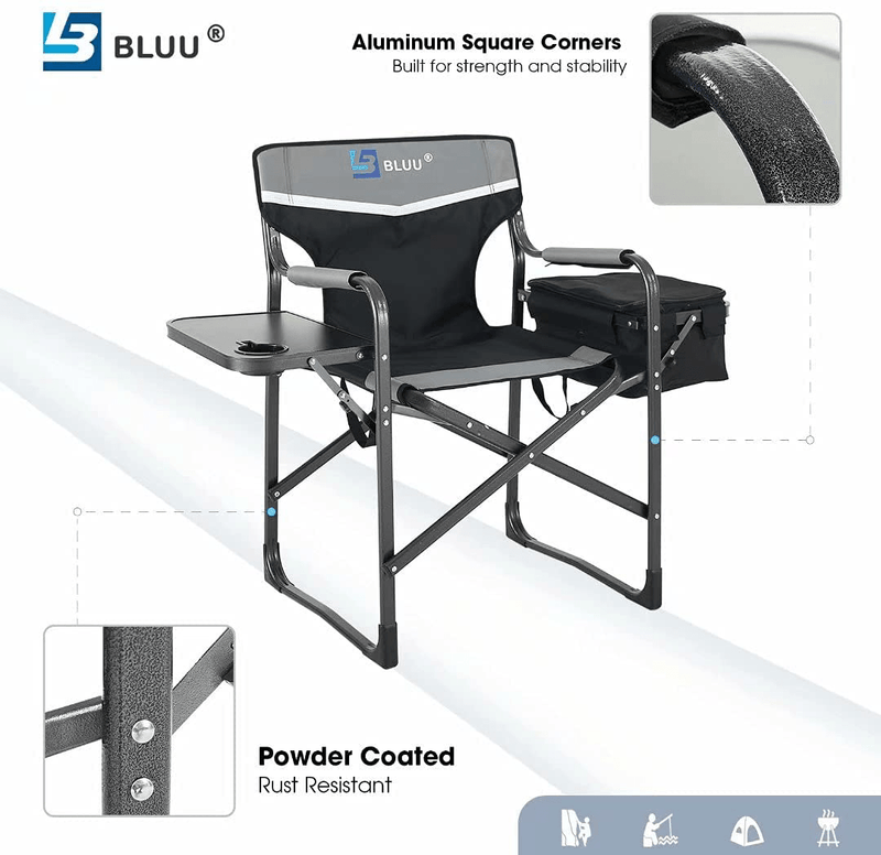 BLUU Aluminum Folding Camping Chairs, Heavy Duty Camp Director Chair for Adults, Lightweight Chair with Side Table and Cooler Bag, Support 400 Lbs for Outdoor, Camp, Patio, Lawn, Garden, Beach, Trip Sporting Goods > Outdoor Recreation > Camping & Hiking > Camp Furniture BLUU   
