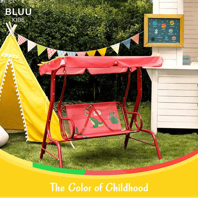Bluu Kids Porch Swing Chair Patio Glider for Kids Outdoor Use with 2-seat, Safety Seat Belt & Infinite Tilt Canopy (Red Dinosaur) Home & Garden > Lawn & Garden > Outdoor Living > Porch Swings BLUU   