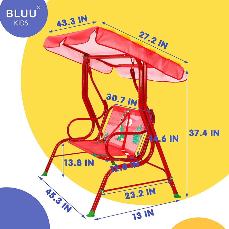 Bluu Kids Porch Swing Chair Patio Glider for Kids Outdoor Use with 2-seat, Safety Seat Belt & Infinite Tilt Canopy (Red Dinosaur) Home & Garden > Lawn & Garden > Outdoor Living > Porch Swings BLUU   