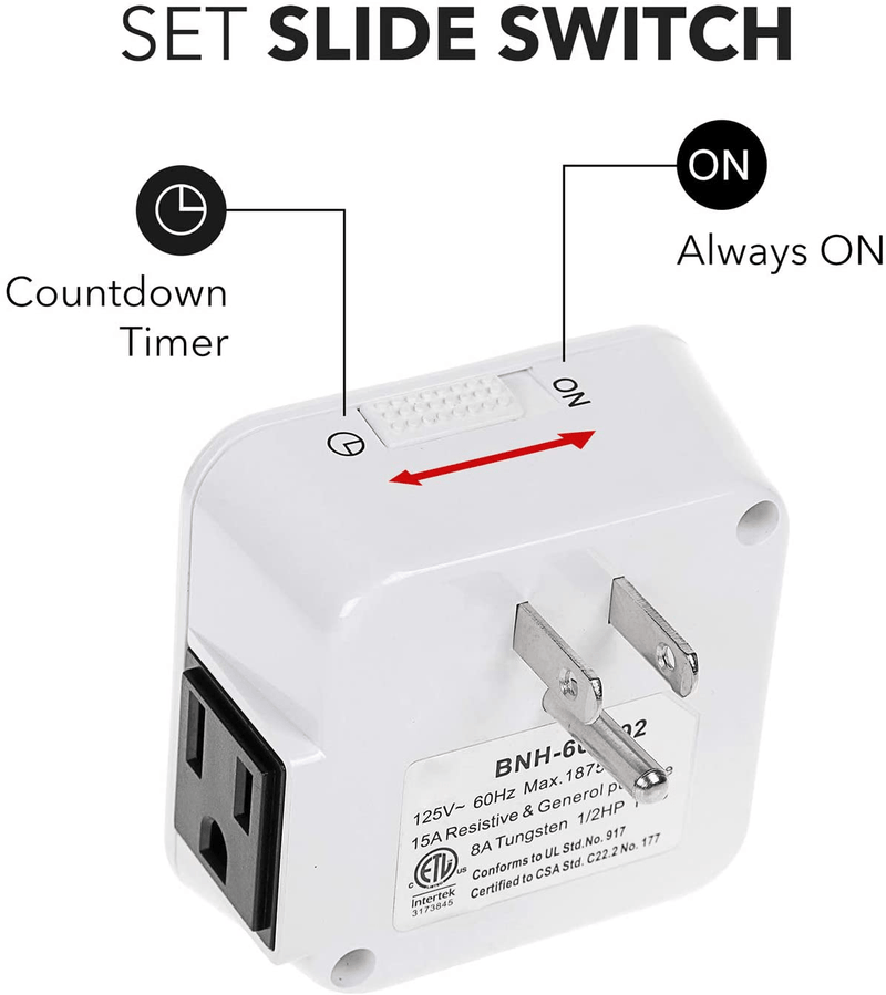 BN-LINK 12 Hour Indoor Mechanical Accurate Countdown Timer, 3-Prong Grounded Outlet, 15 Minute Increments, Energy Saving for Kitchen, Phone Charger, Lamps, Holiday Decoration 1875W, 1/2 HP, ETL Listed