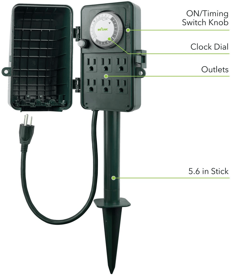 BN-LINK 24 Hour Mechanical Outdoor Multi Socket Timer, 6 Outlet Garden Power Stake