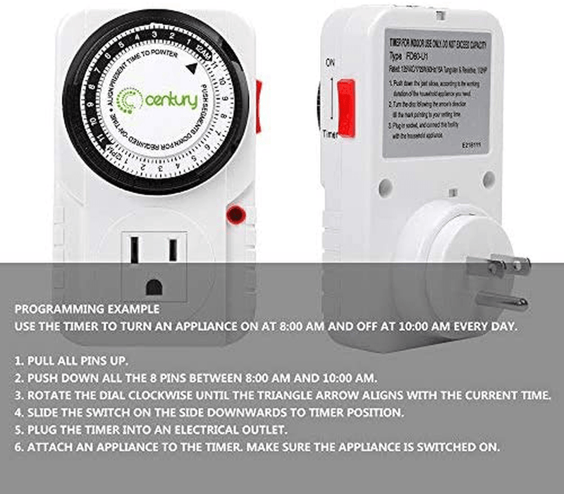 BN-LINK 24 Hour Plug-in Mechanical Timer Grounded Aquarium, Grow Light, Hydroponics, Pets, Home, Kitchen, Office, Appliances, UL Listed 125VAC, 60 Hz, 1875W, 15A, 1/2HP (1) Home & Garden > Lighting Accessories > Lighting Timers BN-LINK   
