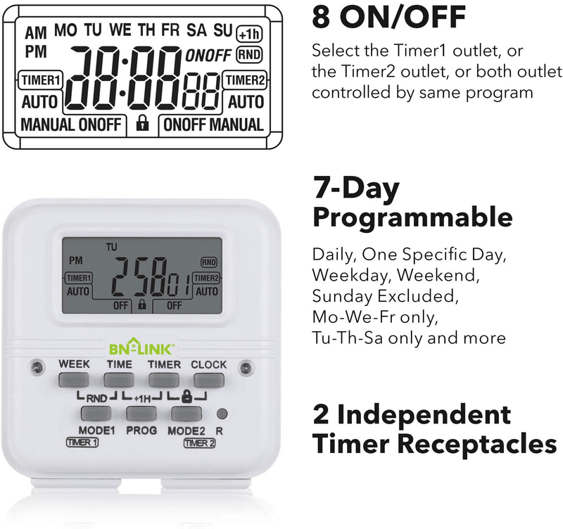 BN-LINK 7 Day Heavy Duty Digital Programmable Timer Outlet - Dual Electrical Outlet Timer 2 Independently Plug-in Grounded Outlets Switch 8 ON/Off Programs 3 Prong Timer for Light Lamp Fan 15A/1875W Home & Garden > Lighting Accessories > Lighting Timers BN-LINK   