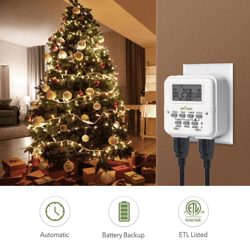 BN-LINK 7 Day Heavy Duty Digital Programmable Timer Outlet - Dual Electrical Outlet Timer 2 Independently Plug-in Grounded Outlets Switch 8 ON/Off Programs 3 Prong Timer for Light Lamp Fan 15A/1875W Home & Garden > Lighting Accessories > Lighting Timers BN-LINK   