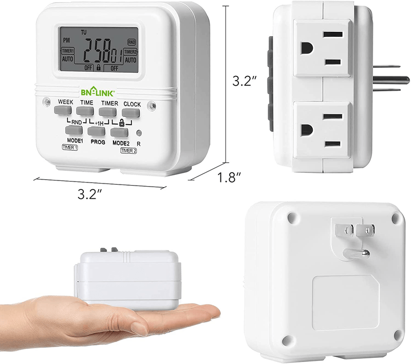 BN-LINK 7 Day Heavy Duty Digital Programmable Timer Outlet - Dual Electrical Outlet Timer 2 Independently Plug-in Grounded Outlets Switch 8 ON/Off Programs 3 Prong Timer for Light Lamp Fan 15A/1875W