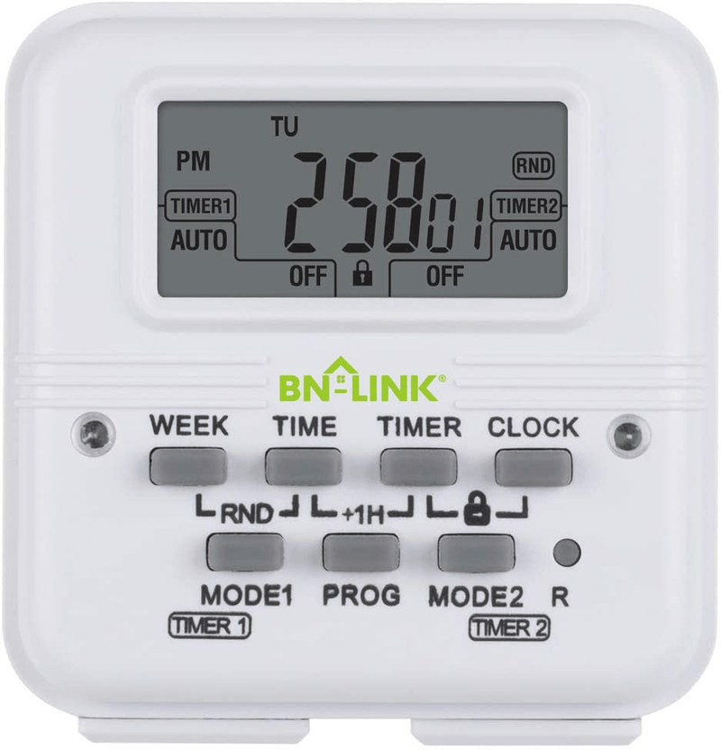 BN-LINK 7 Day Heavy Duty Digital Programmable Timer Outlet - Dual Electrical Outlet Timer 2 Independently Plug-in Grounded Outlets Switch 8 ON/Off Programs 3 Prong Timer for Light Lamp Fan 15A/1875W