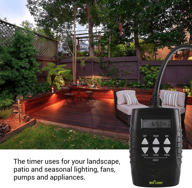 BN-LINK 7 Day Outdoor Heavy Duty Digital Programmable Timer BND/U78, 125VAC, 60Hz, Dual Outlet, Weatherproof, Heavy Duty, Accurate For Lamps Ponds Christmas Lights 1875W 1/2HP ETL Listed