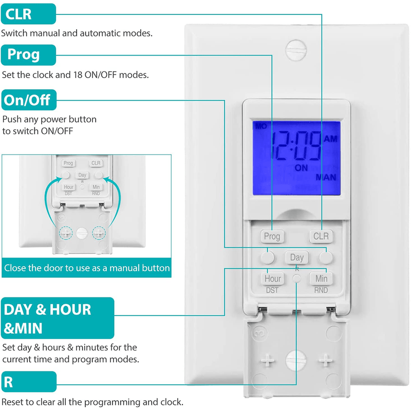 BN-LINK 7 Day Programmable In-Wall Timer Switch for Lights, fans and Motors, Single Pole and 3 Way (Compatible with SPDT) Both Use, Neutral Wire Required, White (Blue Backlight)