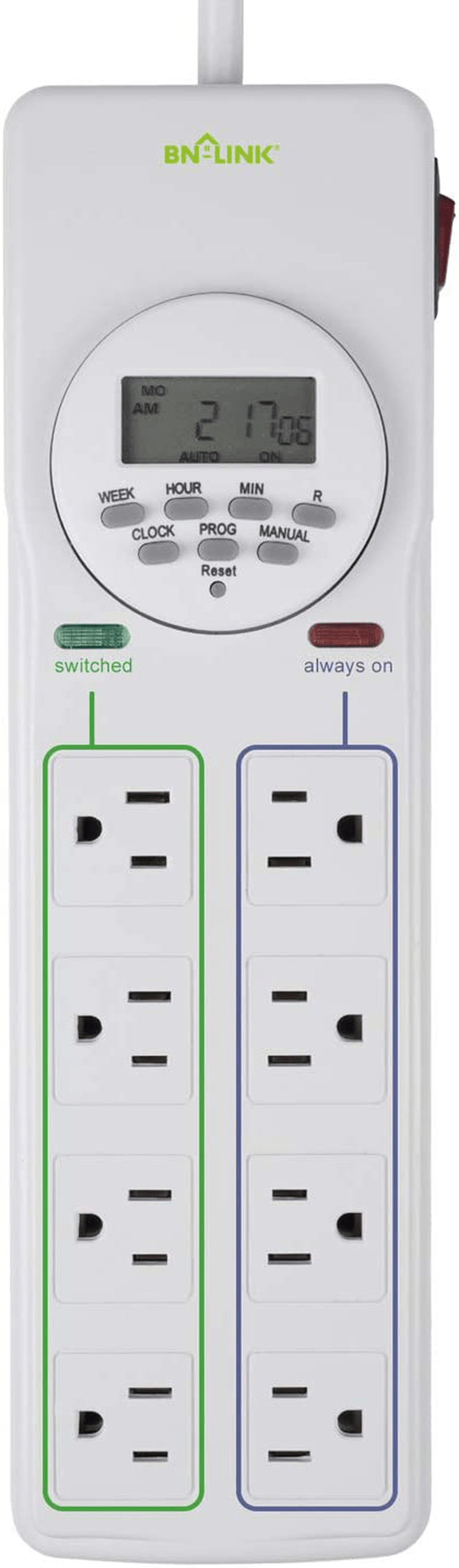 BN-LINK 8 Outlet Surge Protector with 7-Day Digital Timer (4 Outlets Timed, 4 Outlets Always On) - White Home & Garden > Lighting Accessories > Lighting Timers BN-LINK Default Title  
