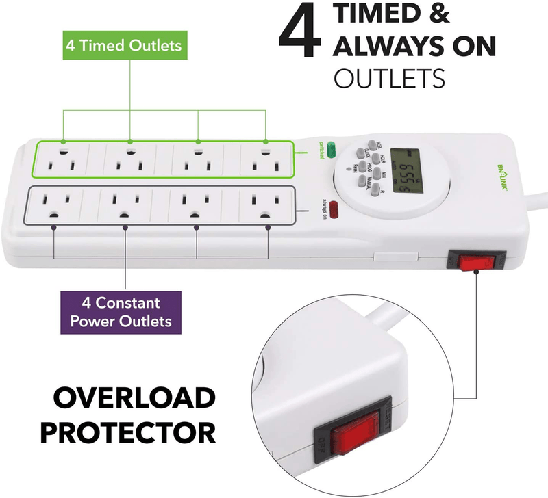 BN-LINK 8 Outlet Surge Protector with 7-Day Digital Timer (4 Outlets Timed, 4 Outlets Always On) - White Home & Garden > Lighting Accessories > Lighting Timers BN-LINK   