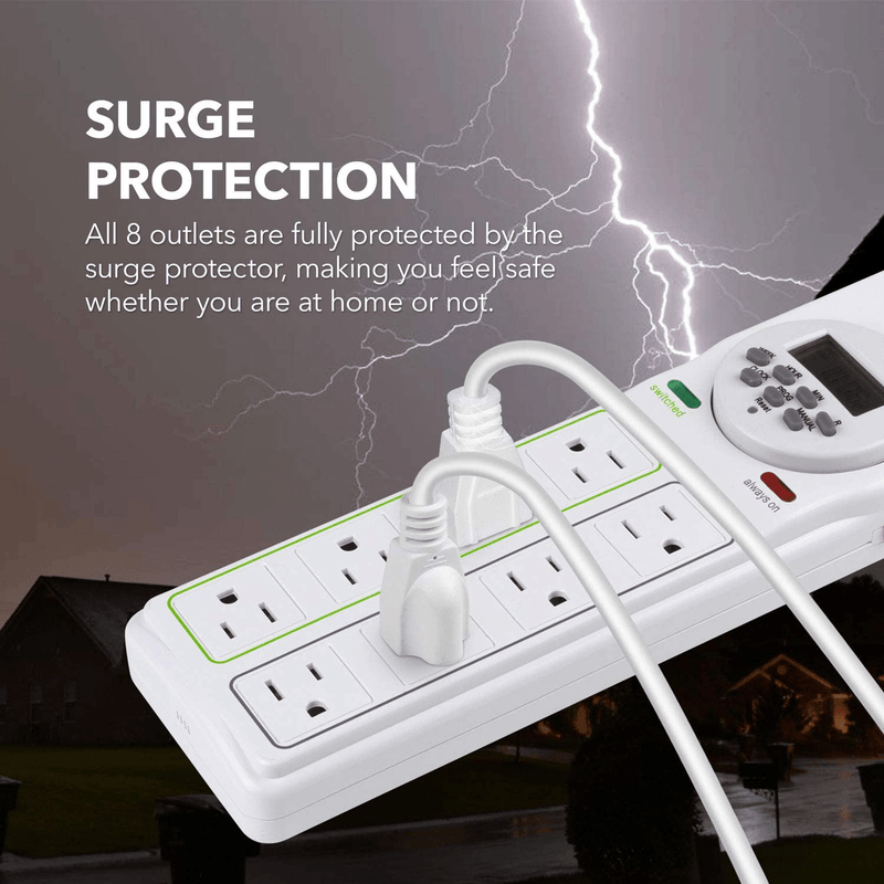 BN-LINK 8 Outlet Surge Protector with 7-Day Digital Timer (4 Outlets Timed, 4 Outlets Always On) - White