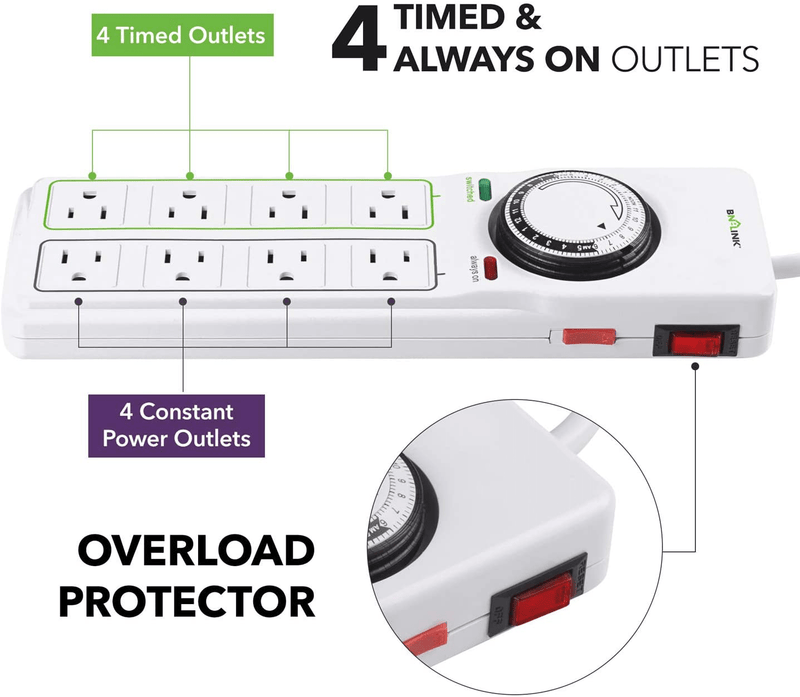 BN-LINK 8 Outlet Surge Protector with Mechanical Timer (4 Outlets Timed, 4 Outlets Always On) - White Home & Garden > Lighting Accessories > Lighting Timers BN-LINK   