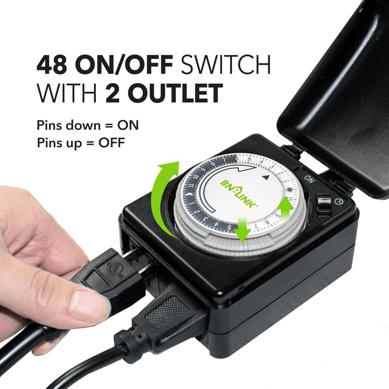 BN-LINK Compact Outdoor Mechanical 24 Hour Programmable Dual Outlet Timer - Plugin timer, Waterproof, Heavy Duty