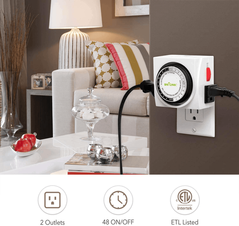 BN-LINK Heavy Duty Mechanical 24 Hour Timer Dual Outlet 3-Prong Accurate Indoor for Lamps Fans Christmas Lights White AC 1875W 1/2 HP, UL Listed