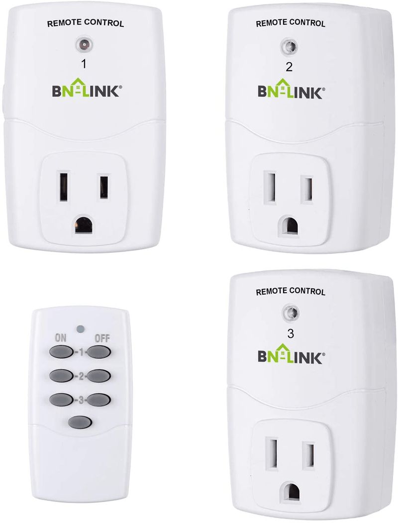 BN-LINK Mini Wireless Remote Control Outlet Switch Power Plug In for Household Appliances, Wireless Remote Light Switch, LED Light Bulbs, White (1 Remote + 3 Outlet) 1200W/10A