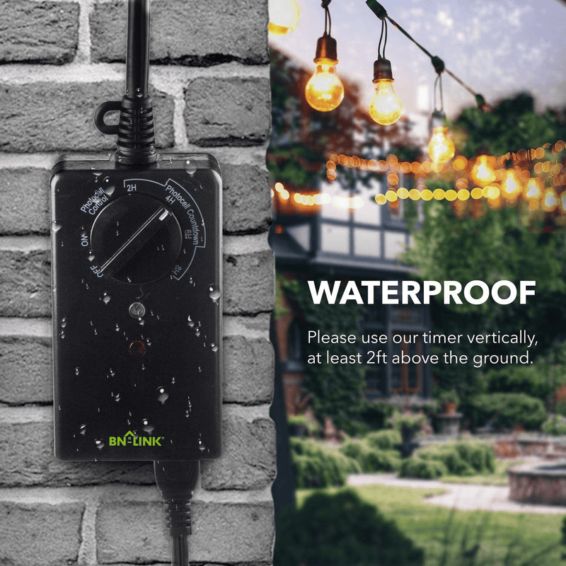 BN-LINK Outdoor 24-Hour Timer With Photocell Light Sensor, Water Resistant Photoelectric Countdown Timer(2, 4, 6 or 8 Hours Mode), Weatherproof, Two (2) Grounded Outlets for Home and Garden, Black
