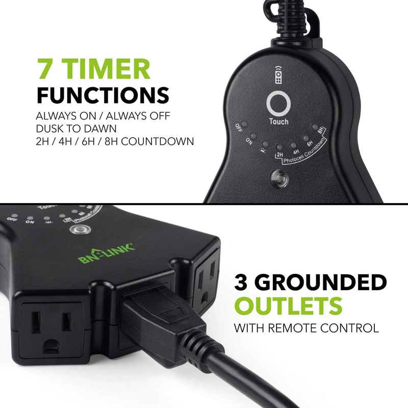BN-LINK Outdoor 24-Hour Water Resistant Photoelectric Countdown Timer Photocell Light Sensor (2, 4, 6 or 8 Hours Countdown Mode) 3 Grounded Outlets Remote Control (100 ft Range) for Home and Garden Home & Garden > Lighting Accessories > Lighting Timers BN-LINK   